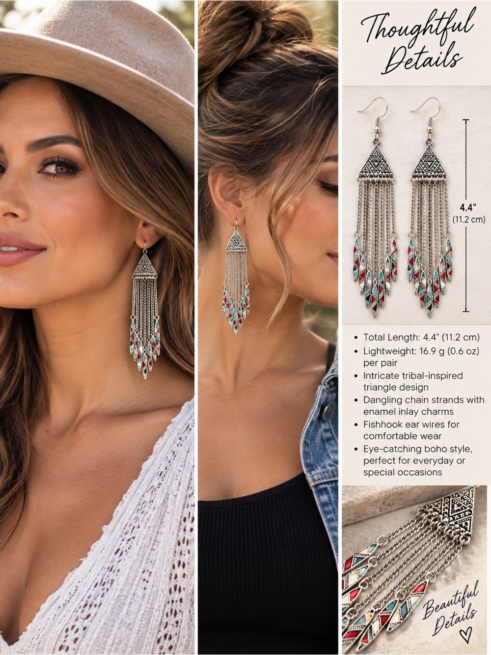 🆕 Boho Tribal Chandelier Earrings Silver Tone Red Turquoise Dangle 4.4”